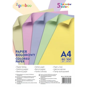 Papier kolorowy A4 100 ark 80gsm 5 pastelowych